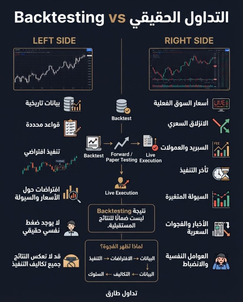 لماذا استراتيجية تداول ناجحة تخسر؟ لماذا يخسر المتداولين؟ 4 إنفوجرافيك مالي احترافي مقارن بخلفية كحلي داكنة، يوضح الفارق بين الاختبار الخلفي (Backtesting) باستخدام البيانات التاريخية على اليسار، والتداول الحقيقي بظروف السوق الفعلية والانزلاق السعري على اليمين، مع جسر انتقالي في المنتصف ومربع تحذير في الأسفل يحمل اسم العلامة التجارية "تداول طارق".