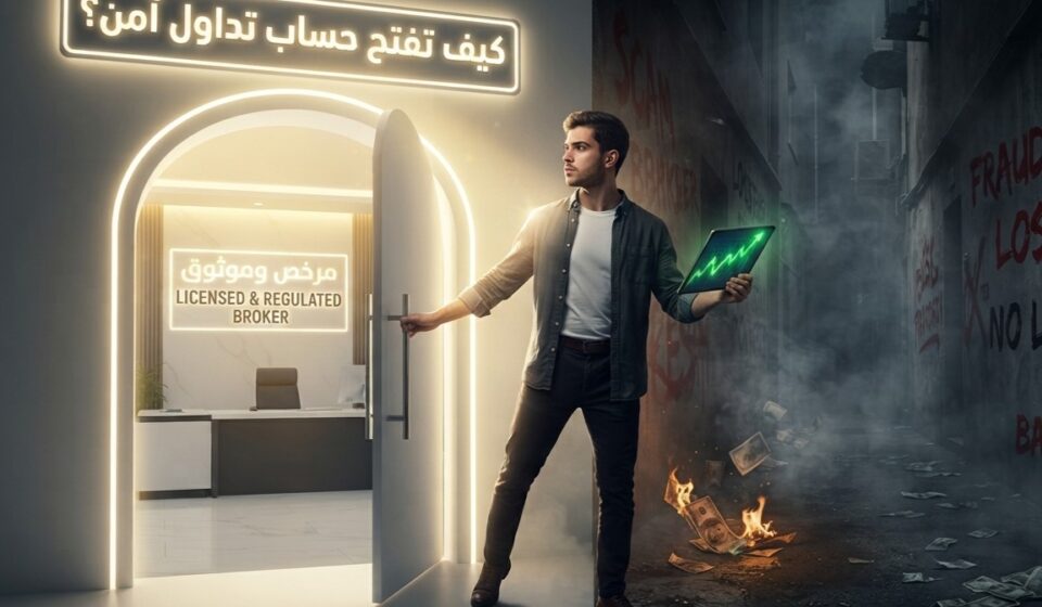 صورة تعبيرية توضح كيف تفتح حساب تداول آمن وتتجنب منصات الاحتيال عبر اختيار وسيط مرخص وموثوق.
