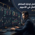 صورة احترافية تعبر عن دليل شامل لإدارة المخاطر ورأس المال في الأسهم، تظهر متداولاً محترفاً يحلل شاشات الأسواق المالية ومؤشرات إدارة المخاطر والشموع اليابانية على منصة تداول طارق.