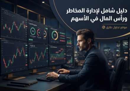 صورة احترافية تعبر عن دليل شامل لإدارة المخاطر ورأس المال في الأسهم، تظهر متداولاً محترفاً يحلل شاشات الأسواق المالية ومؤشرات إدارة المخاطر والشموع اليابانية على منصة تداول طارق.