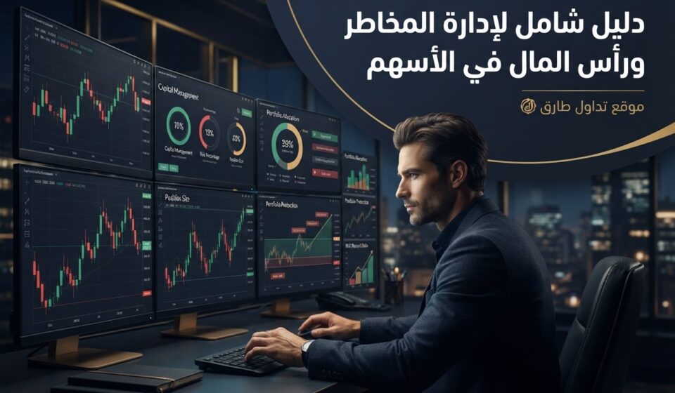 دليل شامل لإدارة المخاطر ورأس المال في الأسهم صورة احترافية تعبر عن دليل شامل لإدارة المخاطر ورأس المال في الأسهم، تظهر متداولاً محترفاً يحلل شاشات الأسواق المالية ومؤشرات إدارة المخاطر والشموع اليابانية على منصة تداول طارق.