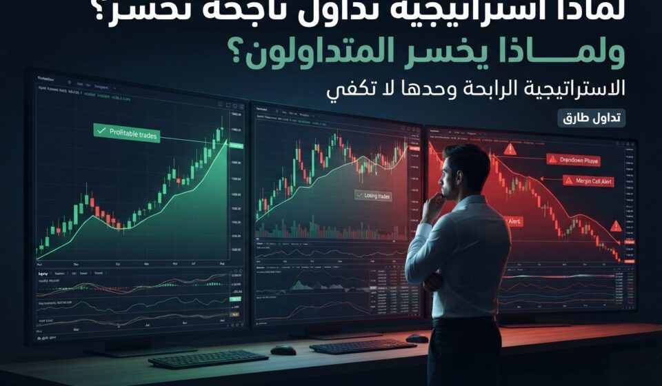 لماذا استراتيجية تداول ناجحة تخسر؟ لماذا يخسر المتداولين؟ لماذا استراتيجية تداول ناجحة تخسر؟ لماذا يخسر المتداولين؟ — صورة توضيحية تشرح أسباب فشل استراتيجية تداول ناجحة وخسائر المتداولين وإدارة المخاطر.